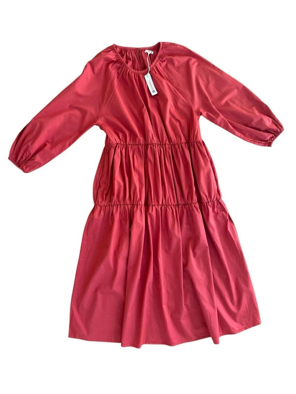New Sundry Orange Red Long Balloon Sleeve Tiered Midi Dress
